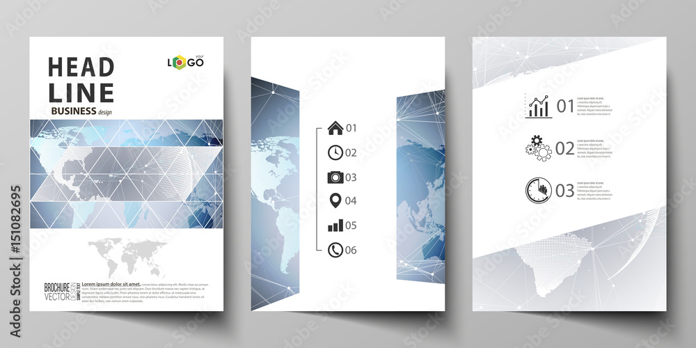 The vector illustration of the editable layout of three A4 format modern covers design templates for brochure, magazine, flyer, booklet. Technology concept. Molecule structure, connecting background.