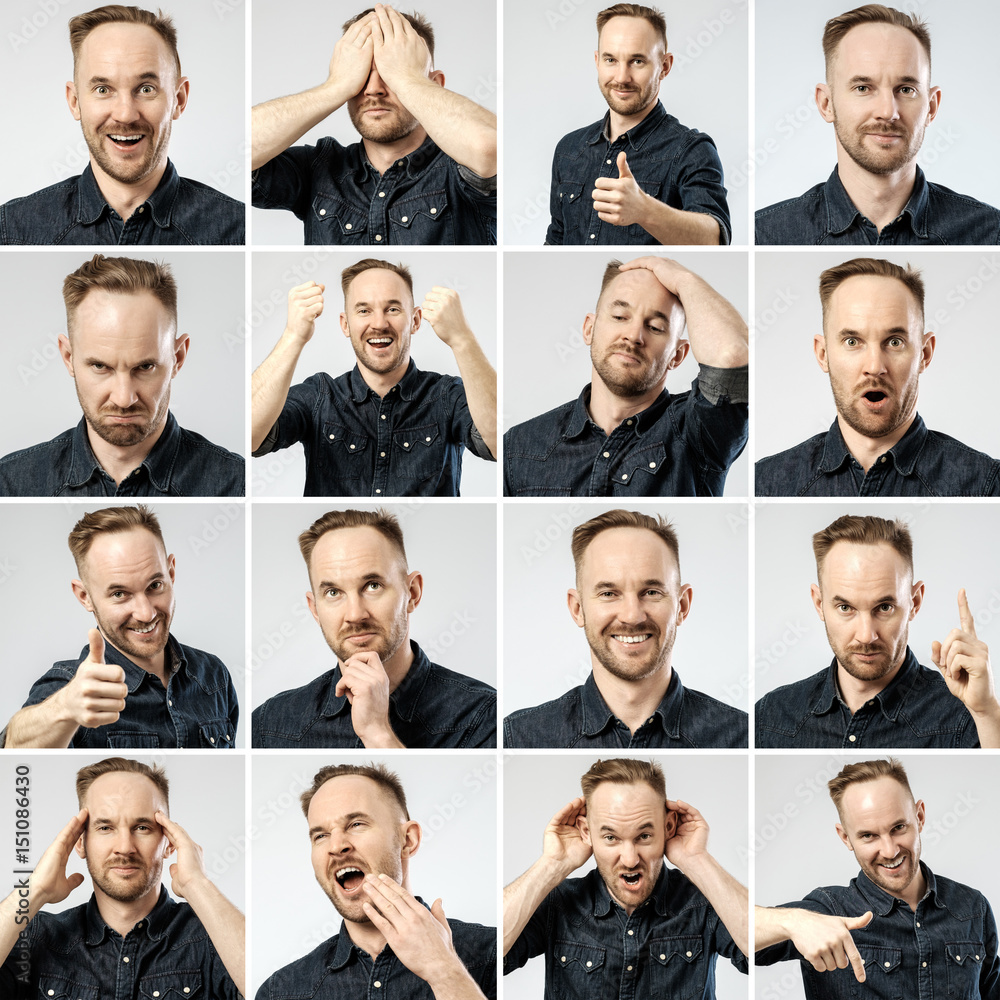 Fototapeta premium Set of young man's portraits with different emotions