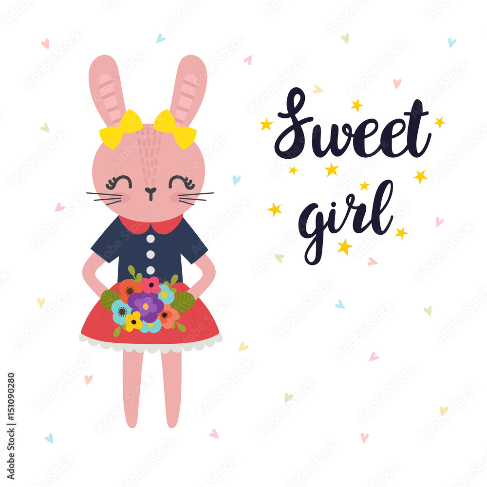 Sweet girl. Cute little bunny with flowers. Romantic card, greeting card or postcard. Illustration with beautiful fashion rabbit Sweet girl. Cute little bunny with flowers. Romantic card, greeting card or postcard. Illustration with beautiful fashion rabbit