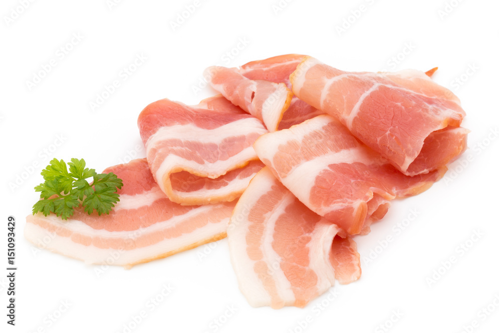Bacon isolated on white background. Delikatese food.