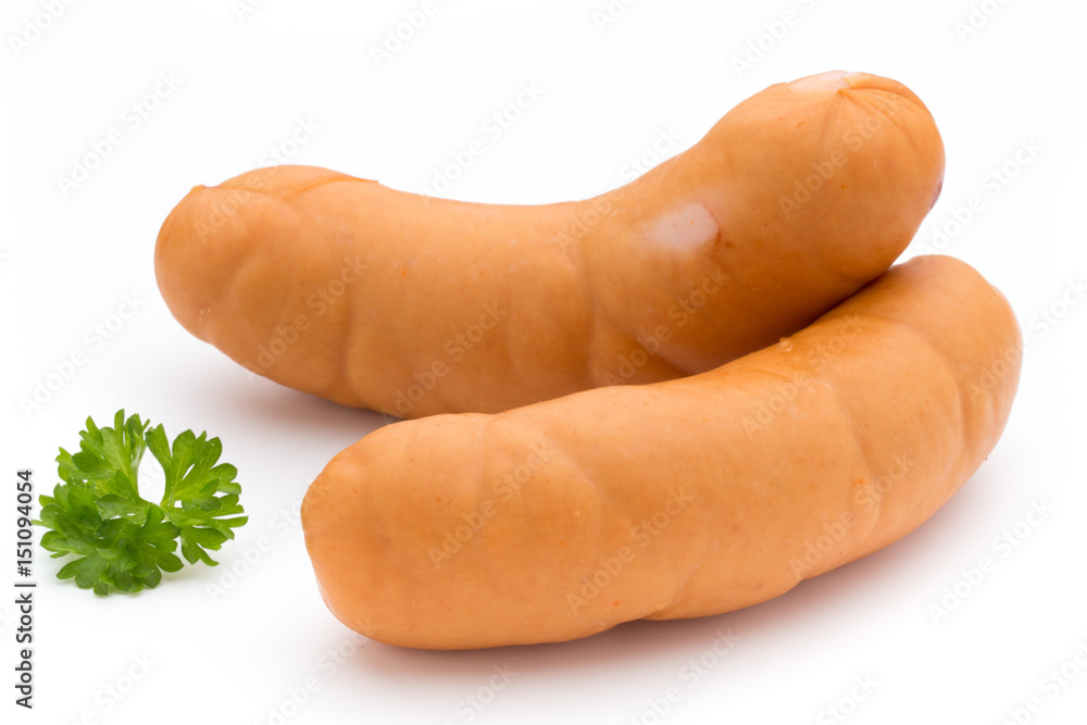 Sausage and spices isolated on white background, fresh delicious frankfurter. Sausage and spices isolated on white background, fresh delicious frankfurter.