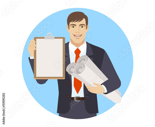 Businessman holding the project plans and clipboard