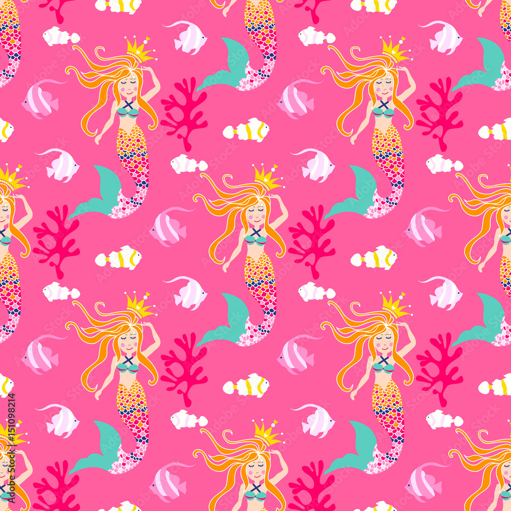 Naklejka premium Seamless pattern with mermaid. Vector background nice underwater with fish, plant, sea shell, coral leaf, starfish, anemone and banner fish. 