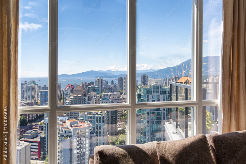 Vancouver, Canada. Penthouse window views of downtown Vancouver