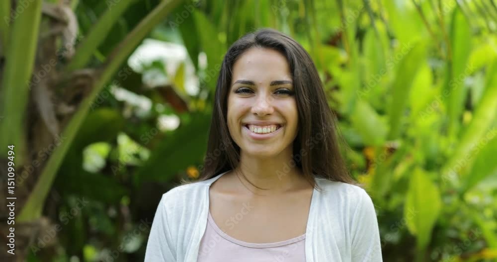 Young Woman Smiling Outdoors Happy Brunette Girl Closeup Over Green Trees In Tropical Forest Slow Motion 60 Young Woman Smiling Outdoors Happy Brunette Girl Closeup Over Green Trees In Tropical Forest Slow Motion 60