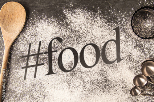 Handwritten word drawn in the flour - hashtag food