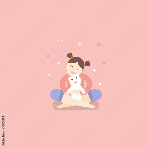A little girl playing with white teddy bear. Vector flat illustration.