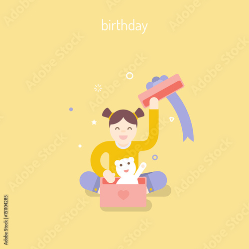 A little girl opens the gift. White Teddy bear sitting in a box. Vector flat illustration.