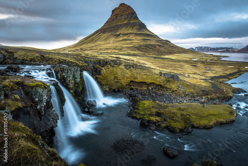 Kirkjufell mountain the iconic tourist attraction in west region of Iceland.