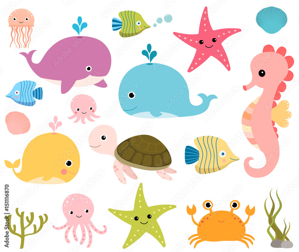 Obraz premium Śliczne zwierzęta morskie do scrapbookingu, prysznice dla dzieci i letnie projekty