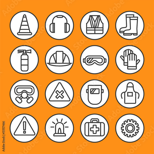 Work safety - wear and equipment. Line icon set.