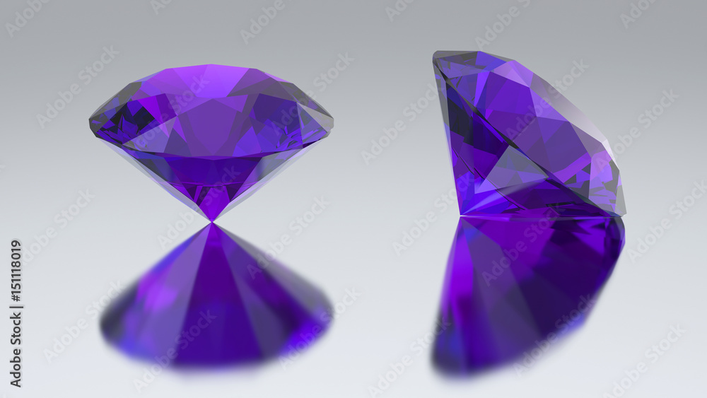 Fototapeta premium 3D illustration two diamond purple tanzanite with reflection