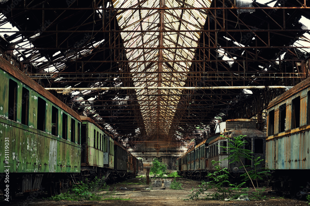 Obraz premium Cargo trains in old train depot