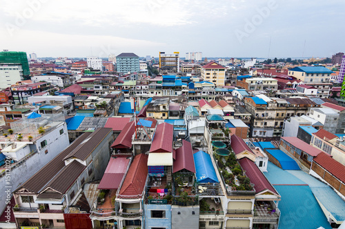 Phnom Penh dusk cityscape with skyscrapers and Central Market view, Cambodia