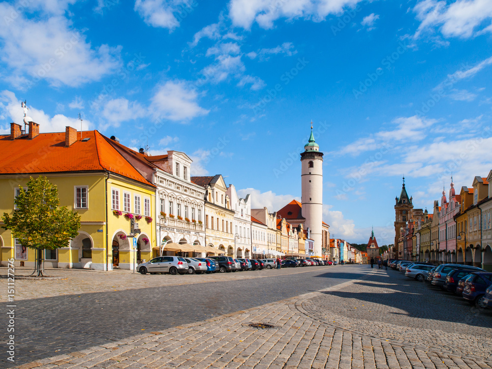 Peace Square with White Tower of Domazlice on sunny day, Czech Republic.