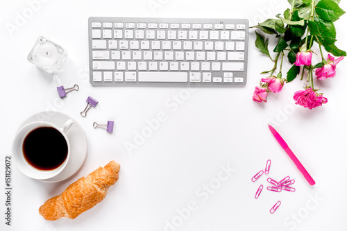 woman working place with coffee and keyboard on white background top view mockup