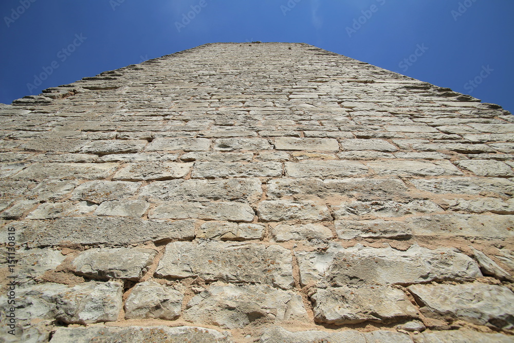 Unusual wide angle upward view of a castle keep