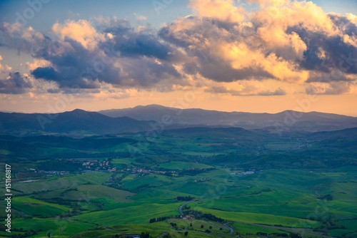 Aerial view of the countryside outside the city of Volterra