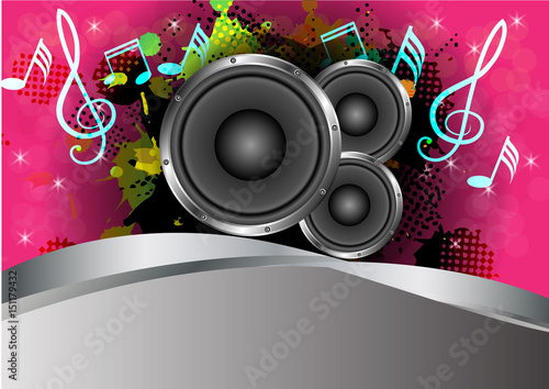 Abstract background, speakers and musical instruments are colorful and exciting with copy space