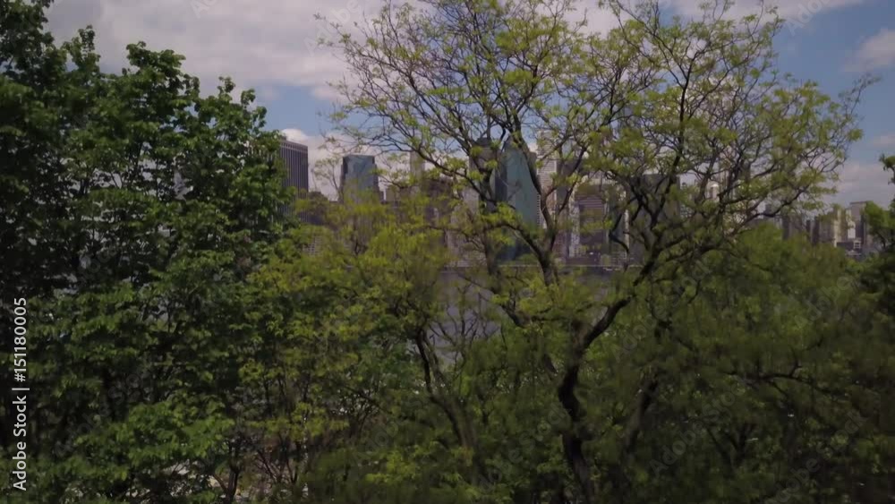 rising over trees to reveal view of downtown Manhattan rising over trees to reveal view of downtown Manhattan