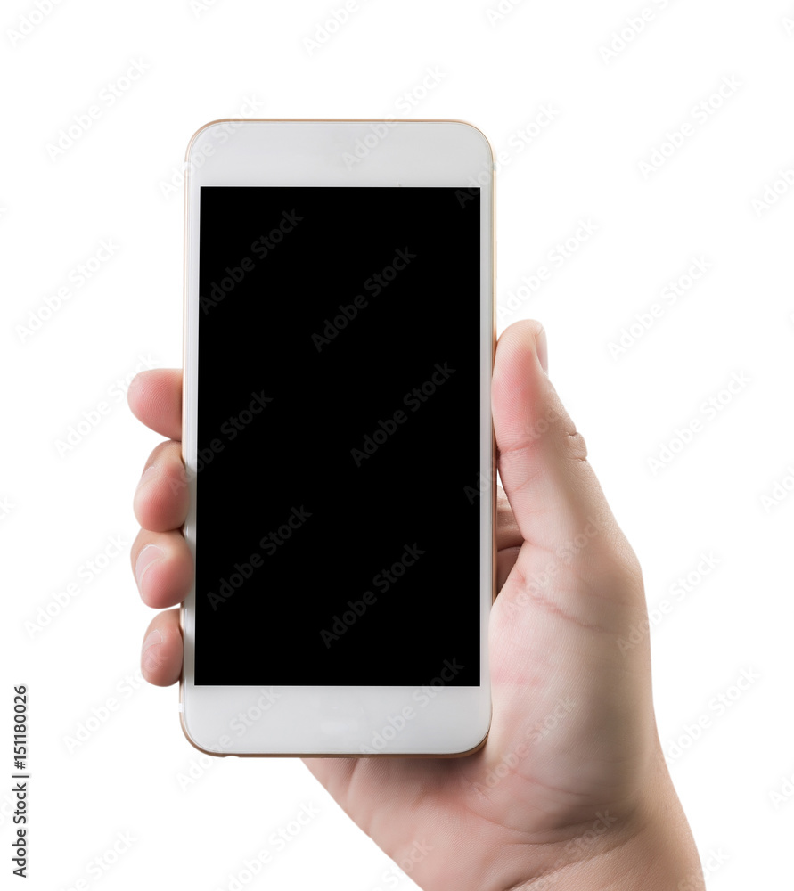 man use Isolated hand holding a phone with Smart phone white screen man use Isolated hand holding a phone with Smart phone white screen