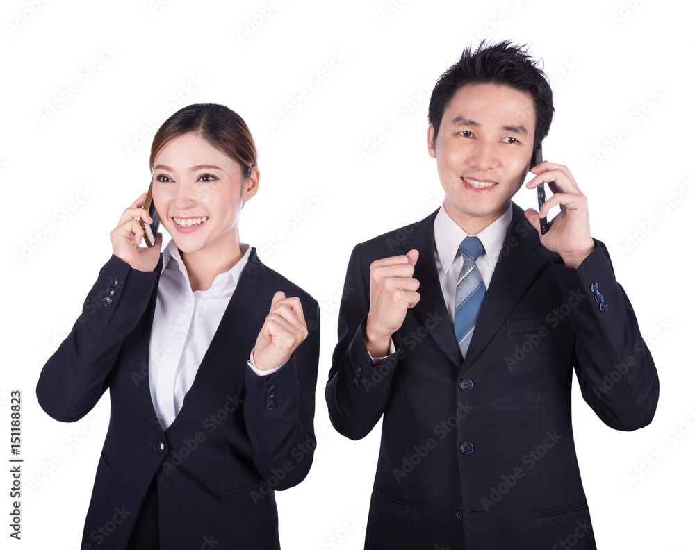 happy business man and woman talking on smartphone isolated on white happy business man and woman talking on smartphone isolated on white