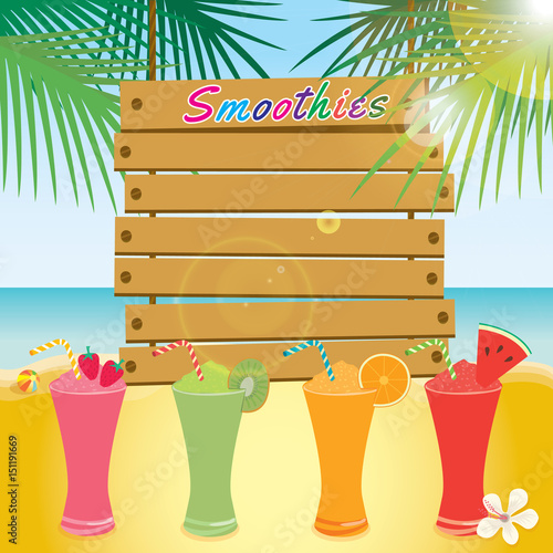 Illustration vector of wood sign template on beach background with summer smoothies beverage drink design for summer season