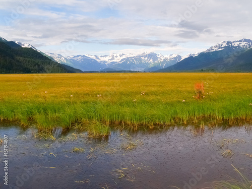 Wetland surrounded by distant snow covered mountains Alaska. © Brian Scantlebury