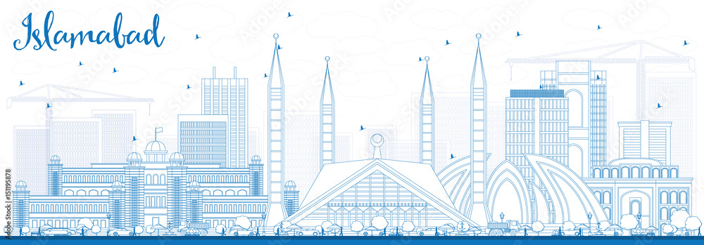 Outline Islamabad Skyline with Blue Buildings.