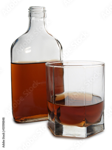 Glass with brandy and cognac on white background