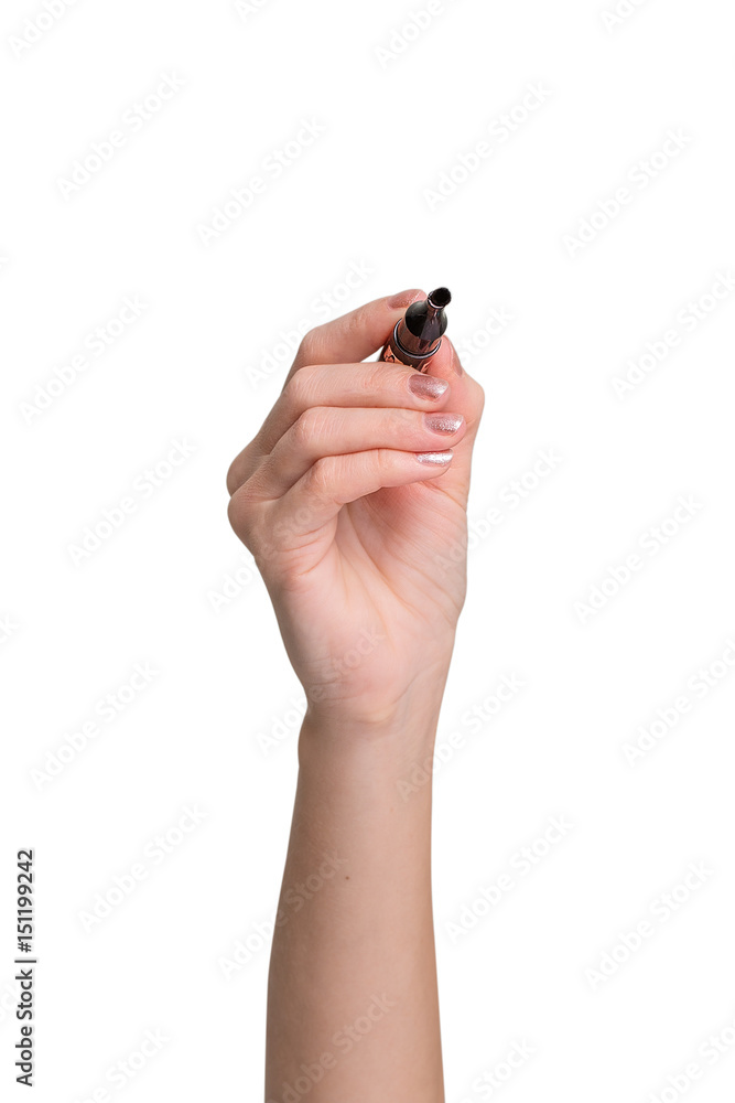 Female hand is ready for drawing with black marker Female hand is ready for drawing with black marker