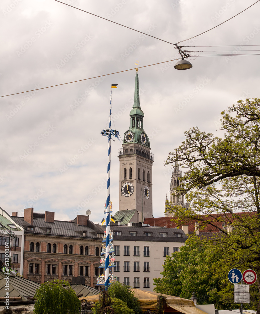 View of Munich's Maypole and St.Peter's church with the Town Hall in the background