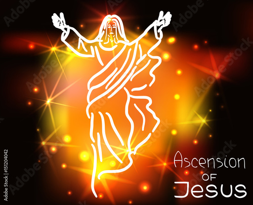 Stylized illustration of the silhouette of the ascension of; Jesus Christ. Handwritten text. Words about God. Vector design.
