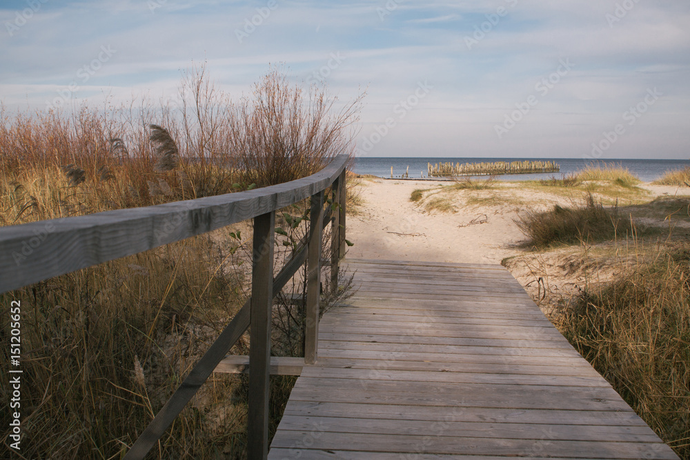 Naklejka premium Wooden footbridge in the dunes leading to the beach