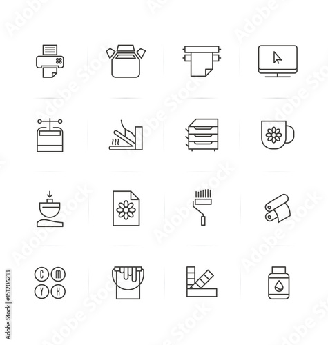 Icons types of printing, typography. Vector illustration in thin line style.