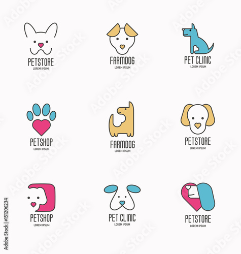 Set of colorful logotypes with dogs for vet clinic, pet shop, dog training or dog shelter. Vector illustration in modern flat line style.