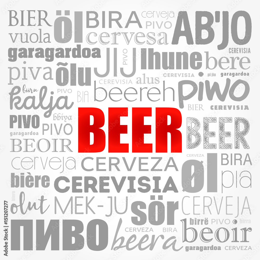 BEER in different languages of the world (english, french, german, etc) Word Cloud collage, multilingual background