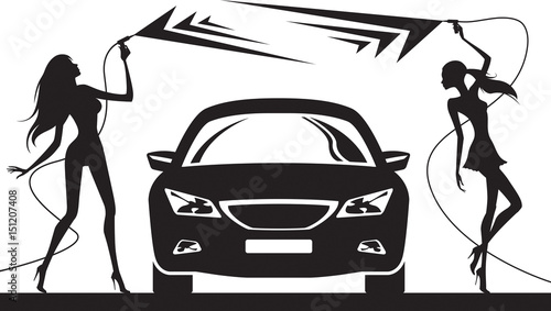Car wash girls play with steam-jet - vector illustration