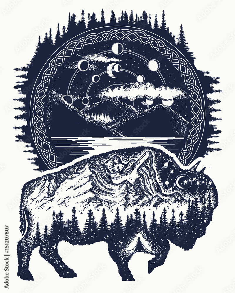 Bison and mountains tattoo art. Buffalo bull travel symbol, adventure tourism. Mountain, forest, night sky. Magic tribal bison double exposure animals Векторный объект Stock