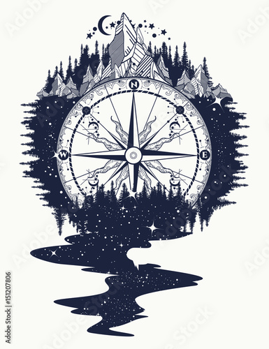 Compass, mountains, river of stars flows tattoo. Mountain antique compass and wind rose. Adventure, travel, outdoors, symbol. Tattoo for travelers, climbers, hikers tattoo boho style