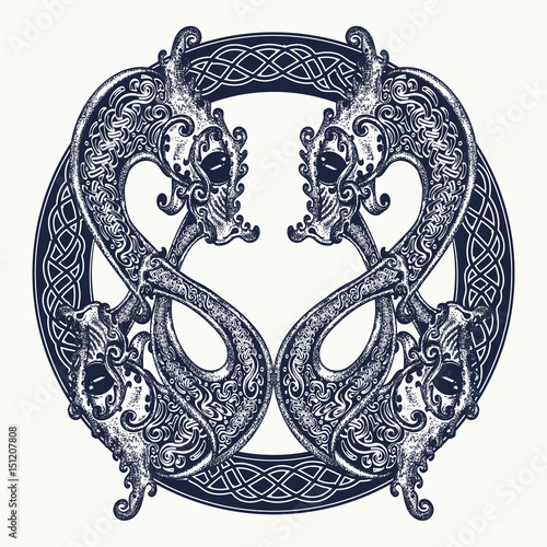Two Dragons in celtic style, tattoo. Meditation, philosophy, harmony symbol. Black and white celtic dragon t-shirt design. Tribal tattoo