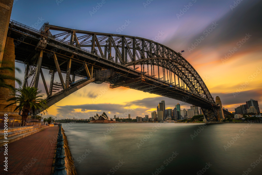 Naklejka premium Sunset skyline of Sydney downtown with Harbour Bridge, NSW, Australia