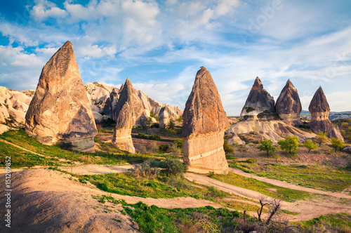 Colorful spring scene in Cappadocia. Evening in the neighborhood of Red Rose valley in April.