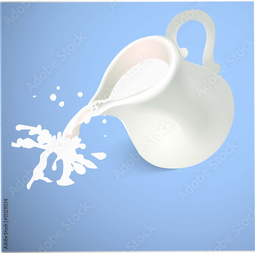 A milk jug with milk spalshes on blue background. Vector illustration