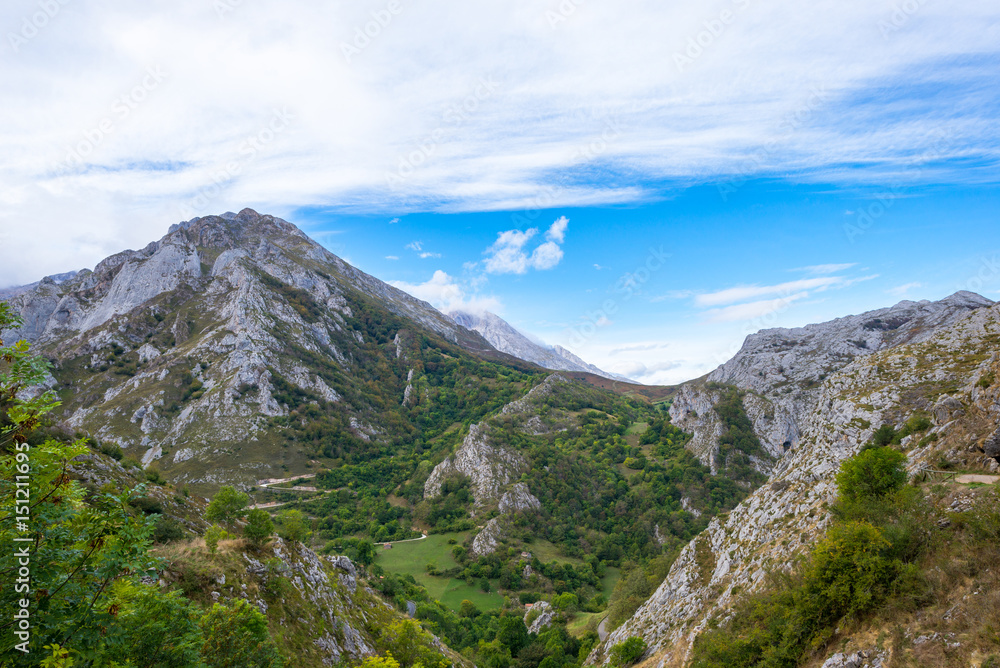 The valley of river Duje, spanisch Vale do Rio Duje, situated in east side of the mountain range Los Picos de Europa, Asturias Spain. The valley is wonderful for hiking and leads along the river Duje
