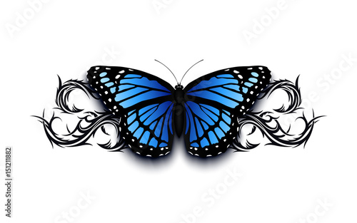 Realistic butterfly on top of abstract tribal.