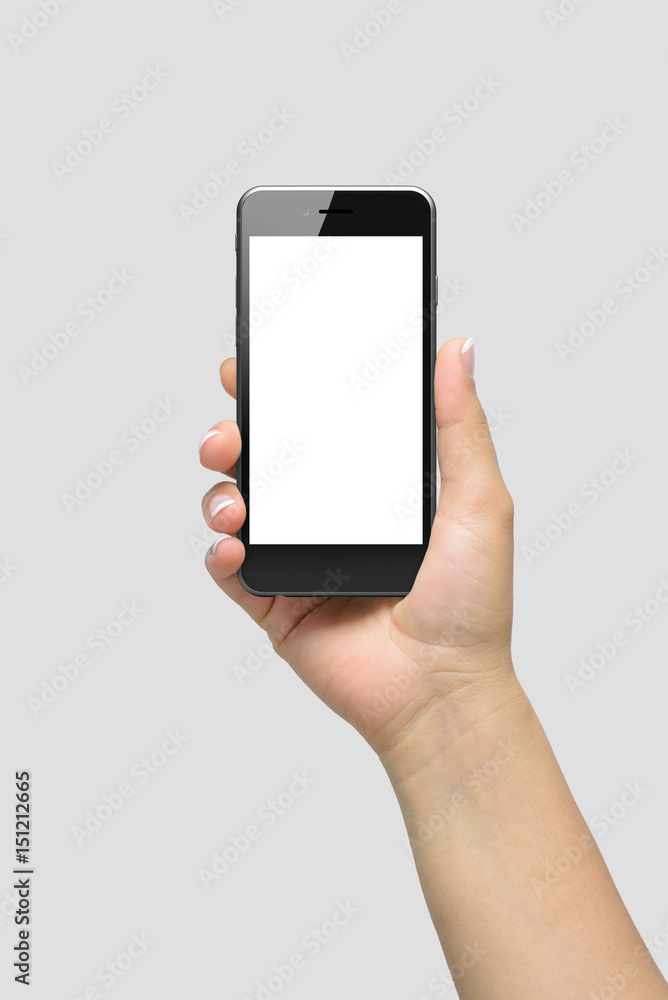 Mockup of female hand holding phone isolated on light grey background | App & UI Mockups Mockup of female hand holding phone isolated on light grey background | App & UI Mockups