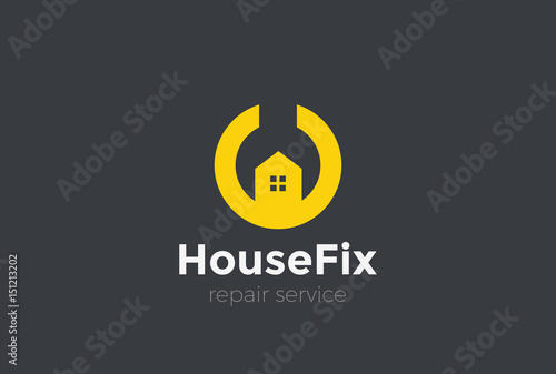 House Repair service Wrench Logo design vector template Negative space style. Circle shape Fix Home Logotype concept icon.