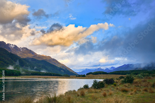 Dramatic sky over South Mavora Lake in the South Island of New Zealand