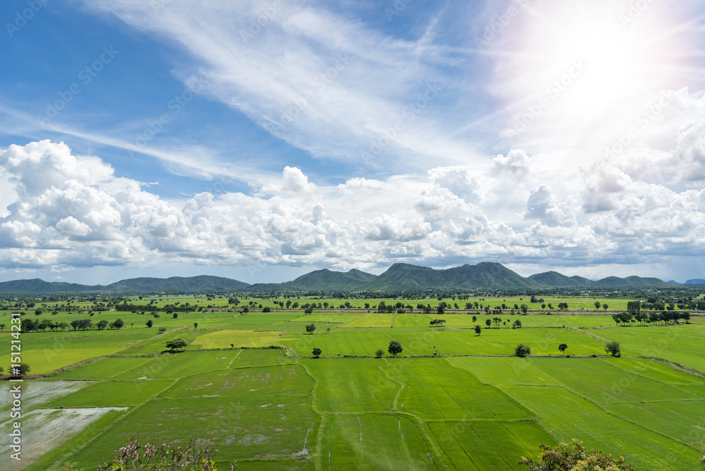 Terrace rice fields mountain view on blue sky with Cloud in Kanchanaburi, Thailand